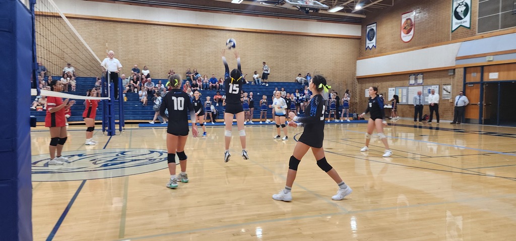 Fairfield's number 15 is setting the ball to her partner in the back of the picture. Number 10 is in the front of the pic. South Davis' team is on the left behind a net. The ref is standing at the net, and the crowd is seated in the background.