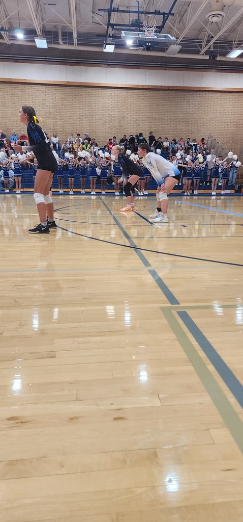 Three of Fairfield's volleyball girls are bent at the waist, ready to receive a serve. Two girls are in black shirts with the girl in the middle being in a white shirt. The crowd and cheer squad are in the background.