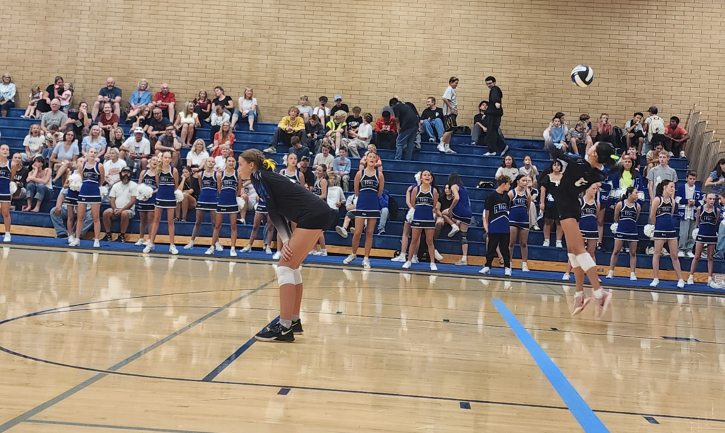 A Fairfield player is jump-serving the ball while her teammate is bent at her waist, looking to the left side of the picture. The Cheerleaders are standing behind and the crowd is seated in the back.