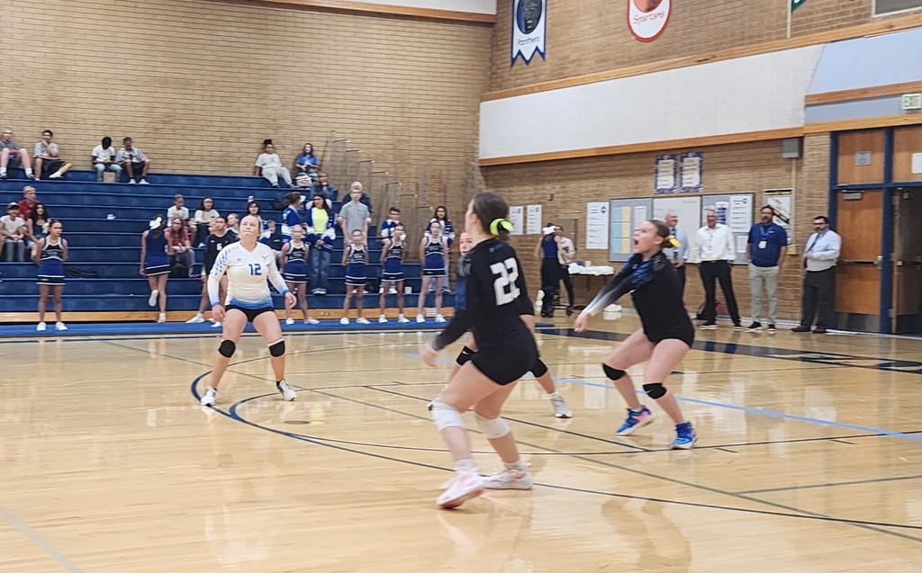 Four of Fairfield's JV team are receiving a serve. One girl is holding a platform with her arms while the other three are watching the ball. The crowd is seated in the background.