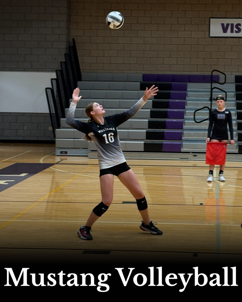 A volleyball player wearing jersey number 16 from the Mustangs team is in the middle of serving the ball during a game. The ball is seen in the air above her hand. Another player and empty bleachers are visible in the background. Text at the bottom of the image reads: 'Mustang Volleyball'.