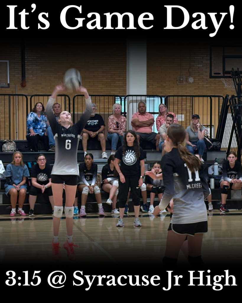Volleyball game announcement poster featuring two players in action on the court. One player wearing jersey number 6 is jumping to set the ball, while another player with jersey number 11 is preparing to receive. Spectators and teammates watch from the bleachers in the background. Text on the image reads: 'It’s Game Day! 3:15 @ Syracuse Jr High'.