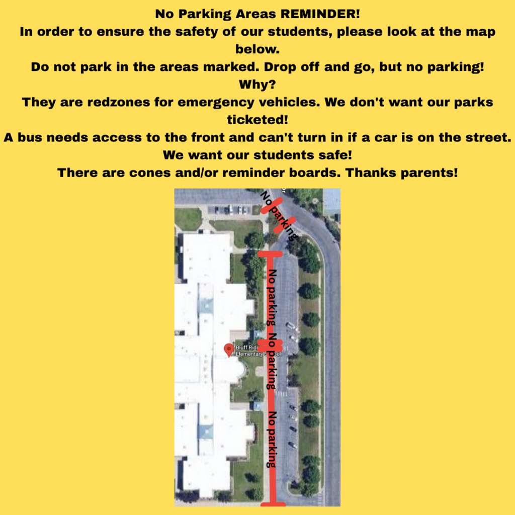 No Parking Areas Reminder in or der to ensure the safety of our students, please look at the map why? They are redzones for emergency vehicles. We don't want our parks ticketed! A bud needs access to the front and can't turn in if a car is on the street. We want our students safe! There are cones and/or reminder boards. Thanks Parents!