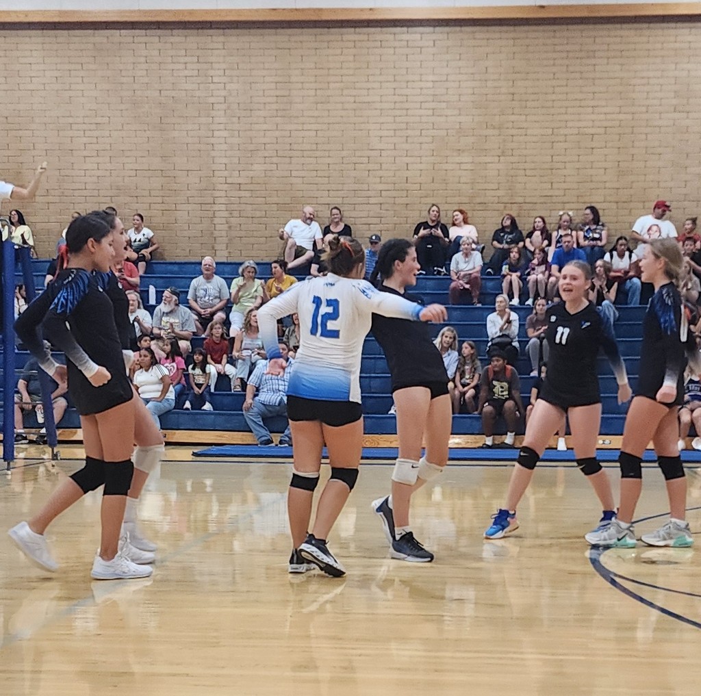 Fairfield's JV volleyball team cheering after winning a point. The crowd is in the background on the bleachers.