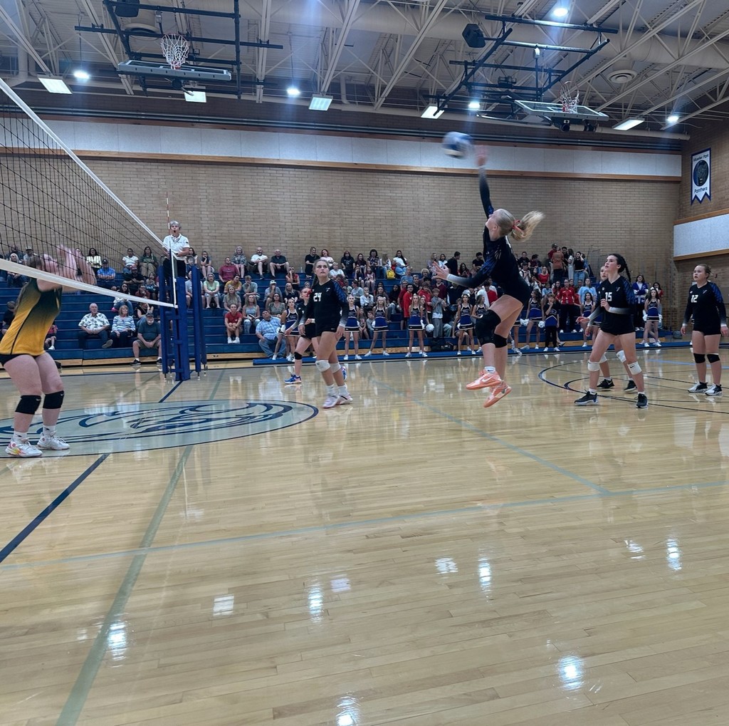 One of Fairfield's players attacking the ball while the rest of Fairfield's team is watching her. On the other side of the net is one of North Davis' players ready to block with her arms up. The ref is standing above the net in the background and the crowd is in the background seated in the bleachers.