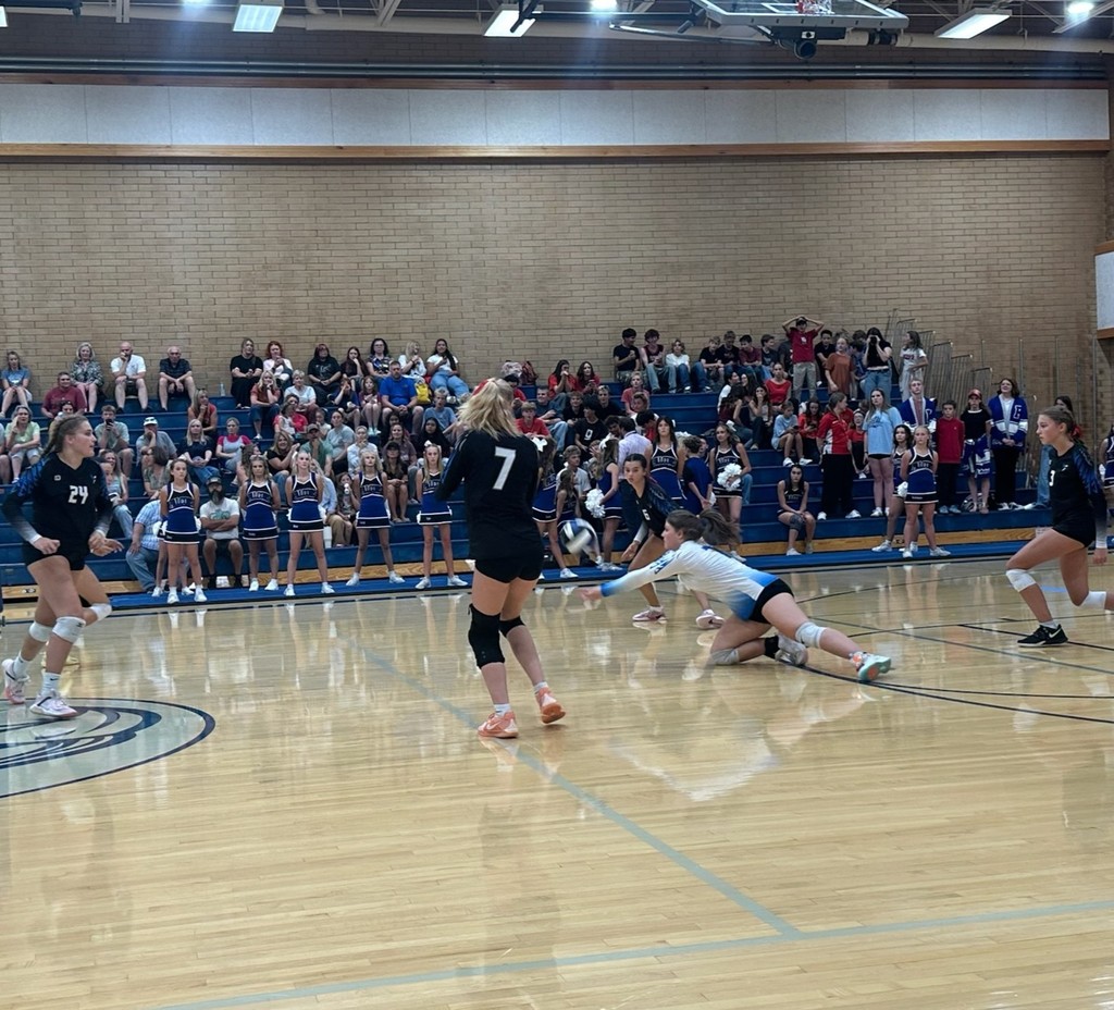 Fairfield's Libero, wearing white is diving to pass a low ball while the rest of the team is watching her. In the background is the crowd seated in the bleachers with the cheerleaders standing in front of them.