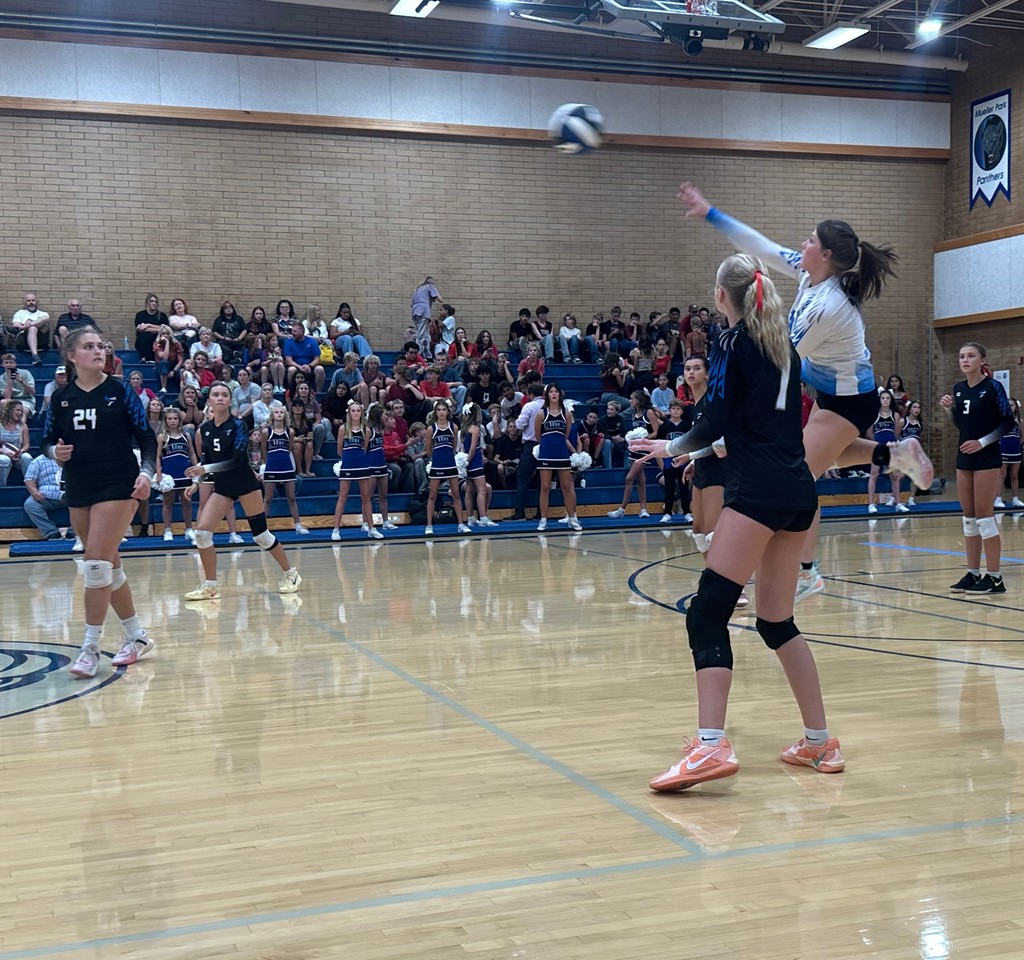 Fairfield's Libero, wearing a white jersey, jumping to attack a ball while the other five girls are watching her. In the background the crowd is seated and watching with the cheerleaders standing in front of them.