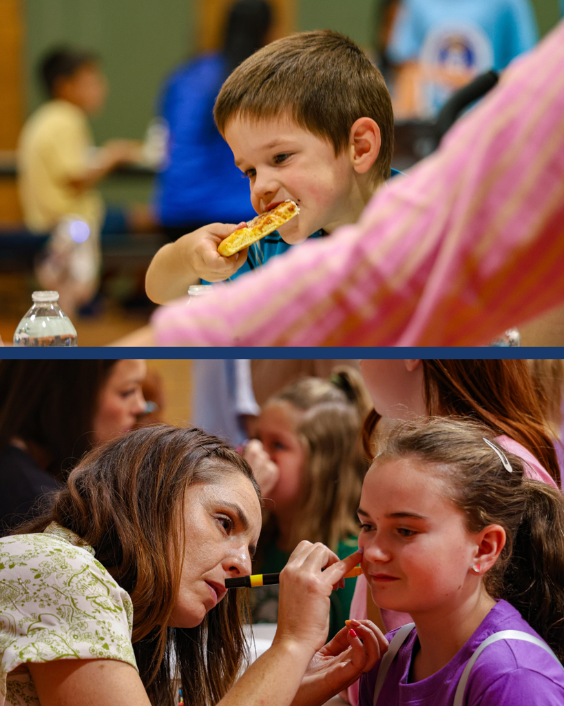 A collage of two photos. The top photo is of a student eating pizza. The bottom photo is of a student getting her face painted by a parent volunteer.