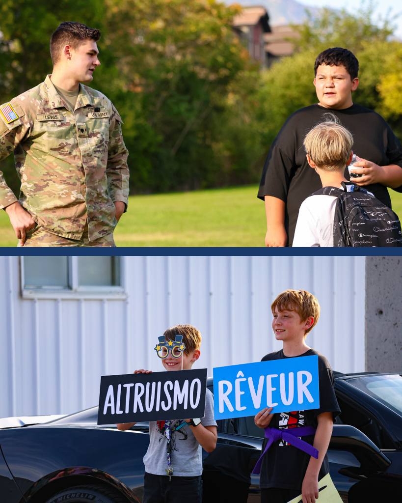 A collage of two photos. The top photo is of students talking with U.S. Army member Lewis. The bottom photo is of two students smiling at the camera holding signs that read "altruismo" and rêveur."