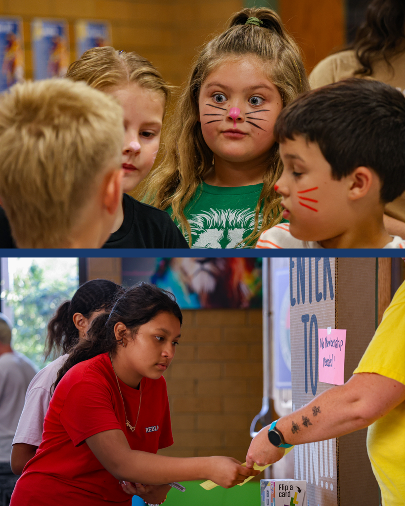 A collage of two photos. Students are talking with each other and learning information intently. 