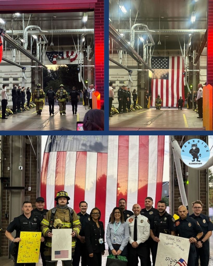 Fire Fighters and Police Officers in front of flag