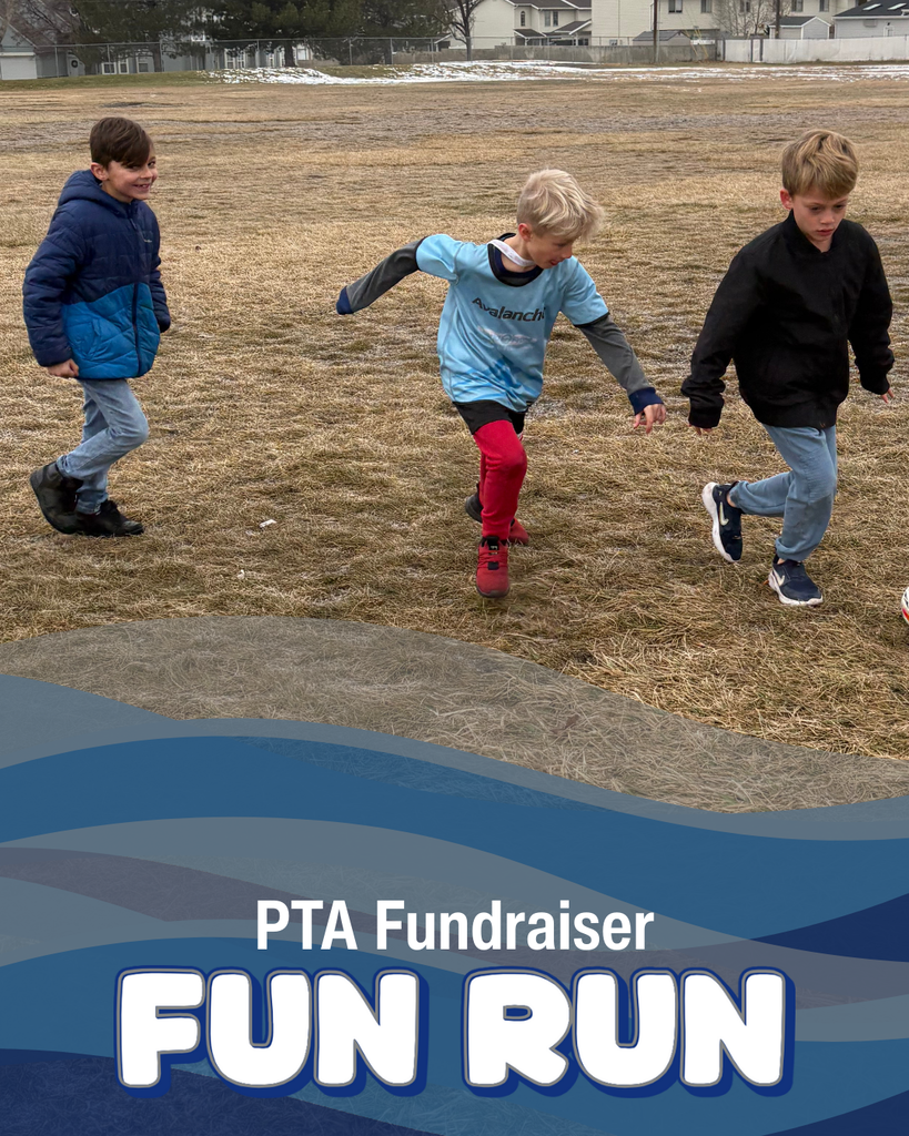 Image of students running. Blue and gray overlay with text, "PTA Fundraiser FUN RUN"