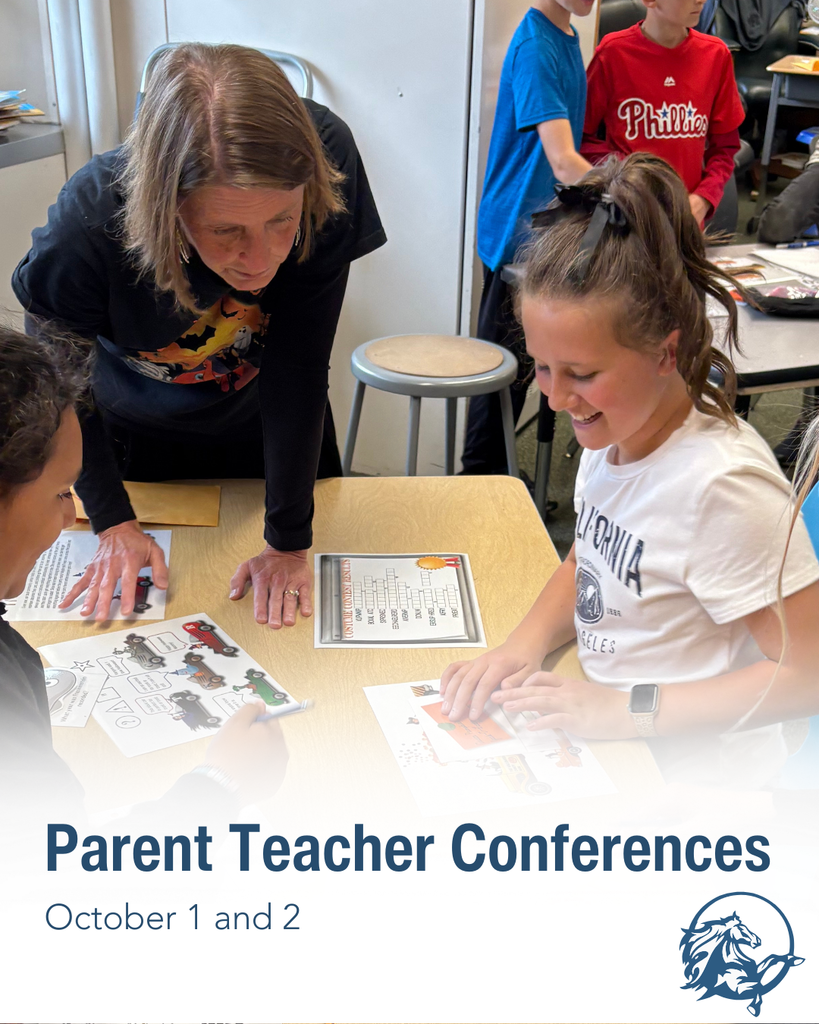 Image of teacher working with student. White overlay with text, "Parent Teacher Conferences - October 1 and 2" with the Taylor Mustang logo.