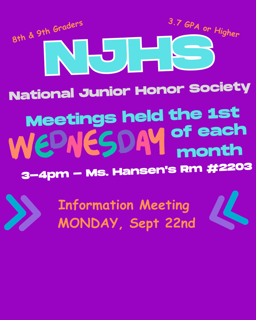 national jr honor society meets 1st wednesday of each month 3-4pm in room 2203
