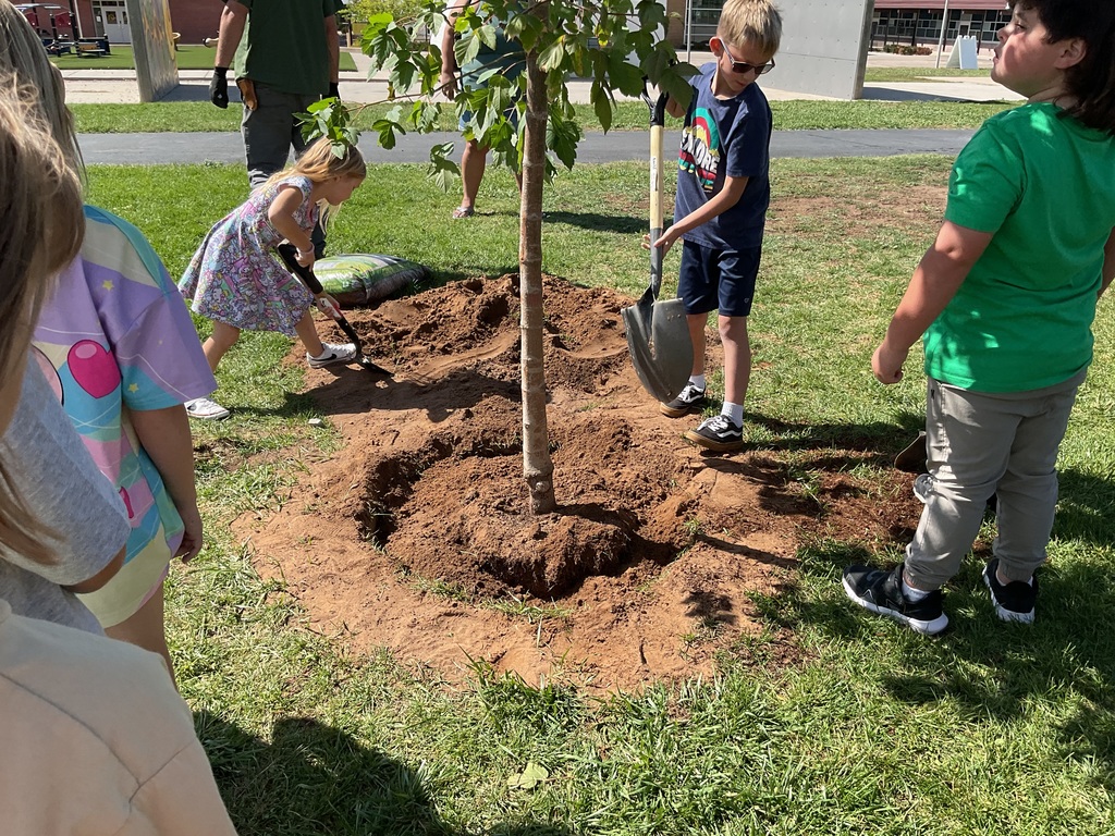 2 students using shovels to carry dirt from a pile to cover the roots of the new tree.
