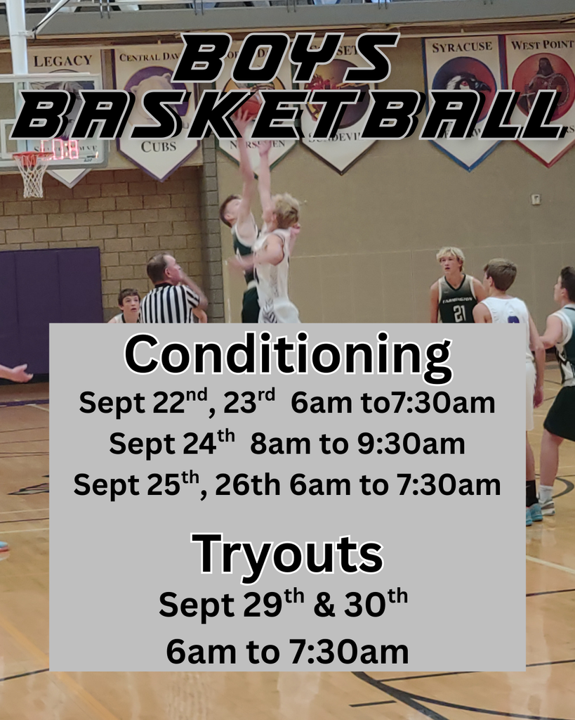 flyer for boys basketball conditioning Sept 22-26 6am to 7:30am except for Wed Sept 24 8am to 9:30am Tryouts Sept 29 and 30 6am to 7:30am