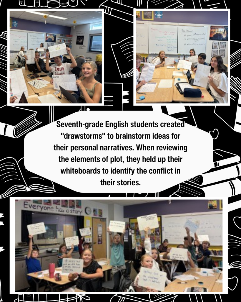 students smiling at camera holding up their "drawstorm" brianstorms for their personal narrative