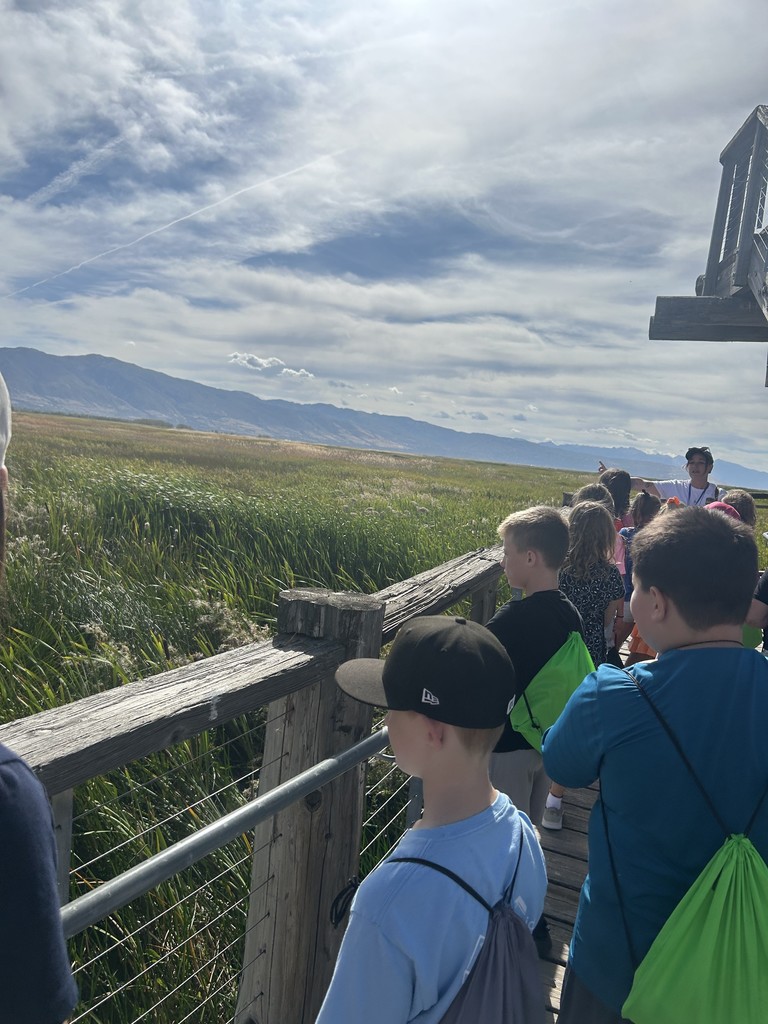 a group of students listening to their tour guide while looking over the weltand landscape