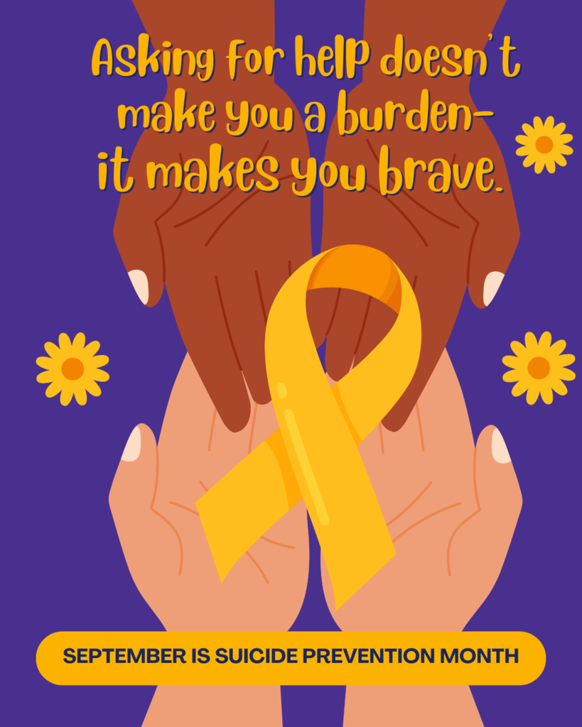 flyer with hands holding yellow ribbon for suicide prevention month