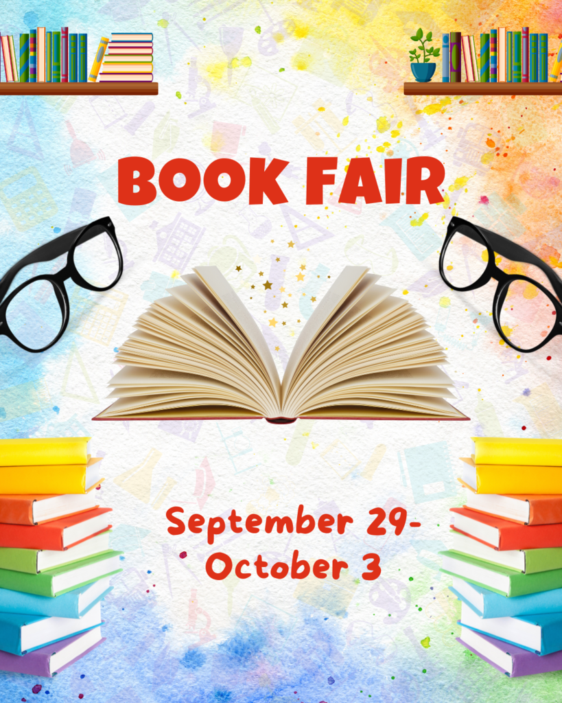 Book Stacks, open book, eyeglasses.  Text:  Book Fair September 29-October 3