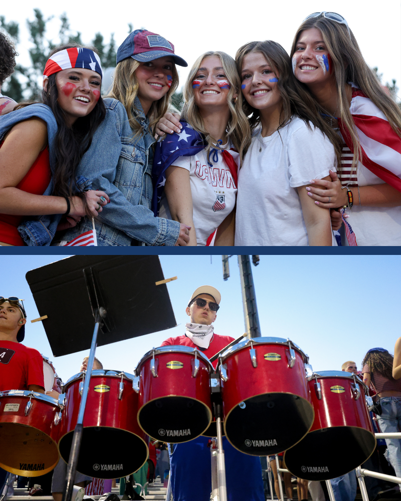 A collage of two photos from the Bountiful High School Red, White and Blue game celebrating Constitution Month.
