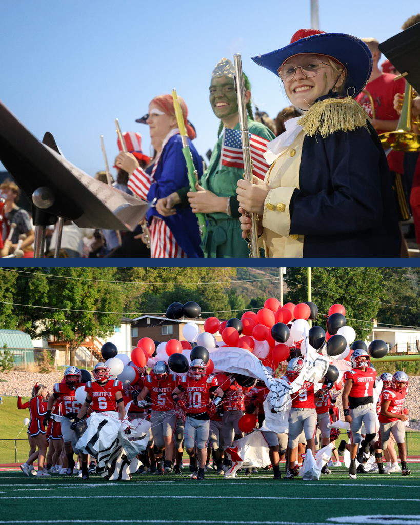 A collage of two photos from the Bountiful High School Red, White and Blue game celebrating Constitution Month.