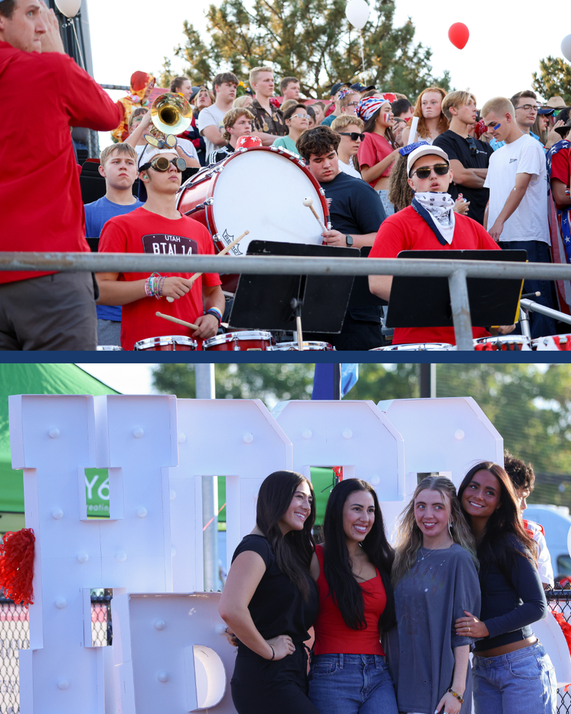 A collage of two photos from the Bountiful High School Red, White and Blue game celebrating Constitution Month.