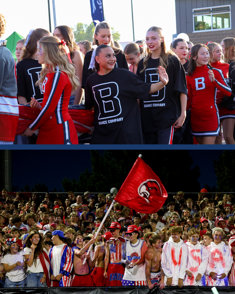 A collage of two photos from the Bountiful High School Red, White and Blue game celebrating Constitution Month.