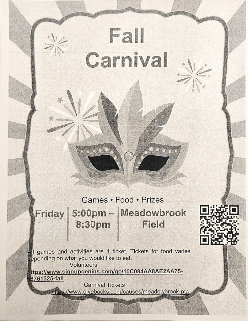 Fall Carnival Flyer Friday September 26th, 5-8:30pm. Games, Food, and Prizes.