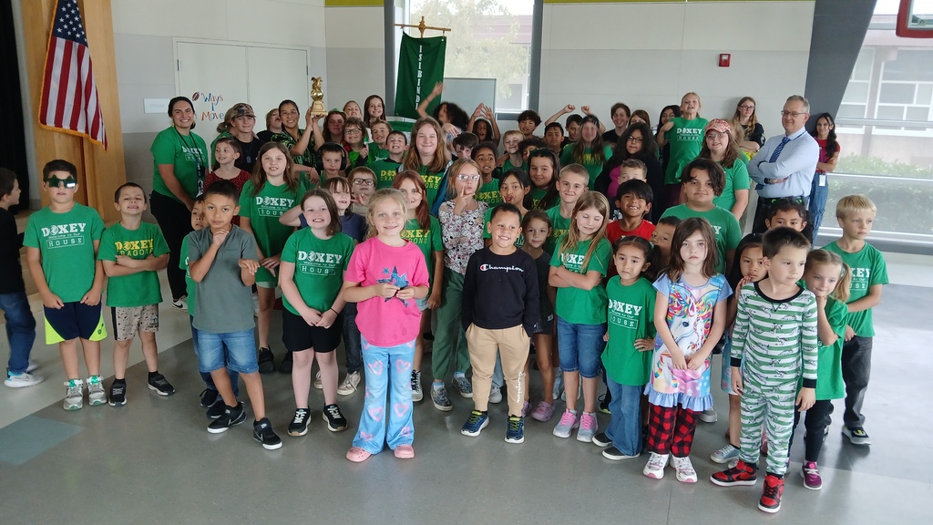 isibindi students pose for a picture after winning the spirit award today. Many students wearing green posing while a teacher in the back row holds the goldent trophy that is a gold ball with a dragon on top. Green Isibindi flag is vertical in the very back