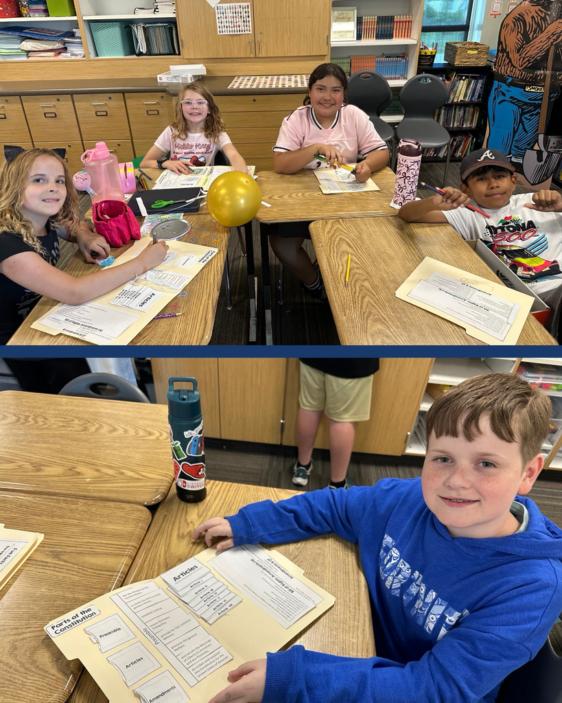 A collage of students working on their Constitution Day Lap Books. 