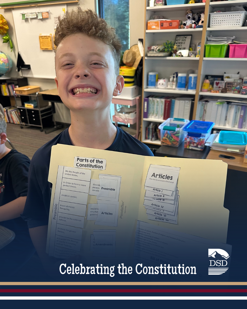 A student smiling really wide holding up a folder. There are words that say Celebrating the Constitution across the bottom of the image. 