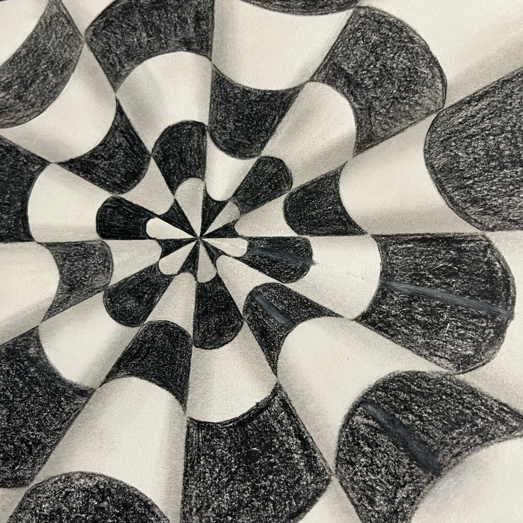 abstract art created in black-and-white draw with pencil, and using shading to create a 3d image.