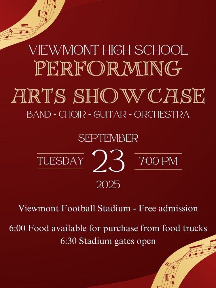 Viewmont high school performing arts showcase Tuesday September 23 2025 7:00 pm. choirs, orchestra, band and guitar. Viewmont football stadium - free admission. 6:00 food available for purchase from food trucks. 6:30 stadium gates opens