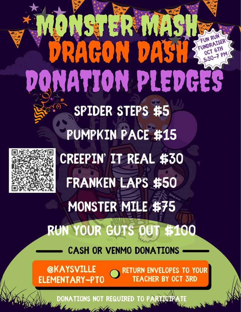 Scan QR Code to donate. Spider steps $5. Creepin it real $30,  Pumpkin Pace $15, Franken Laps $50, Monster Mile $75, Run your guts out $100