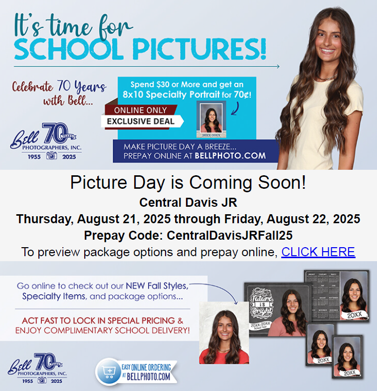 Picture Retakes are tomorrow. Prepay Code is CentralDavisJRFall25