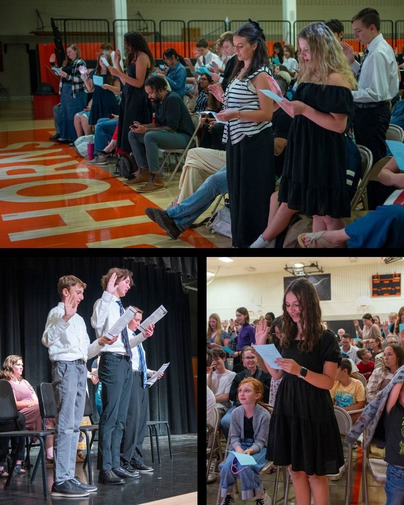 three images of students raising their right hand and reciting the National Junior Honor Society pledge