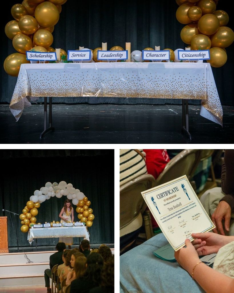 The images. One of the table with candles and signs representing the pillars for National Junior Honor Society; Scholarship, Service, Leadership, Character and Citizenship. Another image of a girl lighting one of the candles. One image of a girl holding her National Junior Honor Society certificate. 