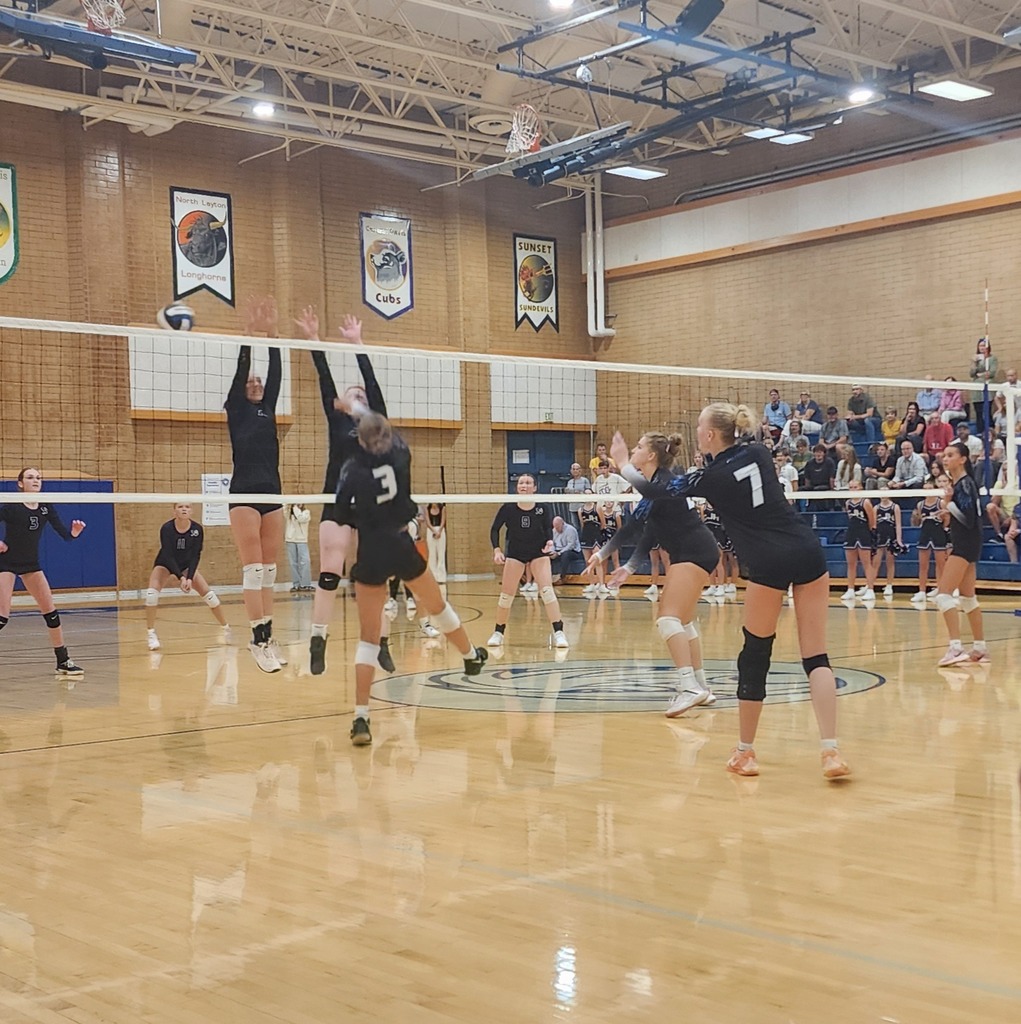 Fairfield's player is returning to the ground after hitting the ball around Centennial's 2 blockers.  3 of Fairfield's girls are ready to play the ball on the near side of the net.  3 of Centennials players are standing ready on the far side of the net.  The crowd is seated in the bleachers to the right of the pic.