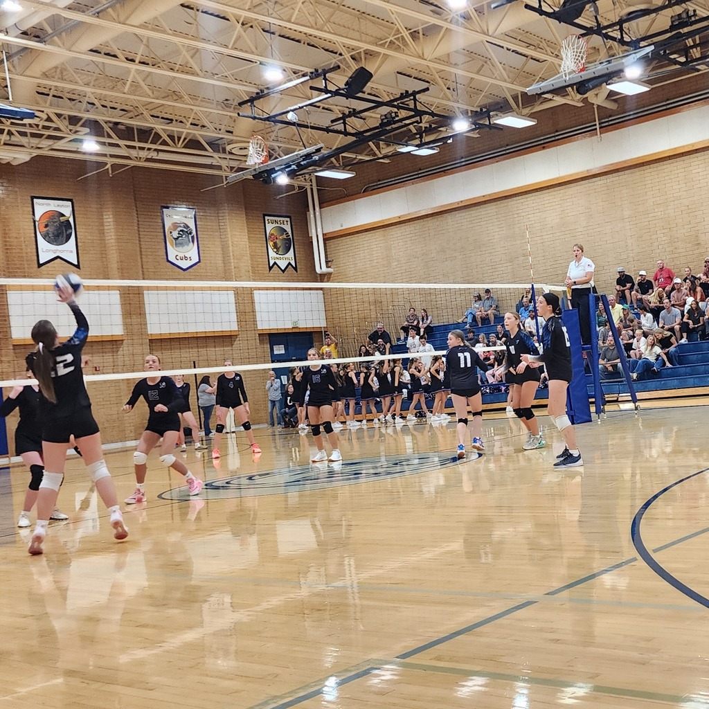 On the left of the pic, one of Fairfield's players is attacking a ball over the net.  3 of Fairfield's players are watching on the near side of the net, while 4 Centennial players are ready to play the ball on the far side of the net.  In the background are crowd members seated in the bleachers.