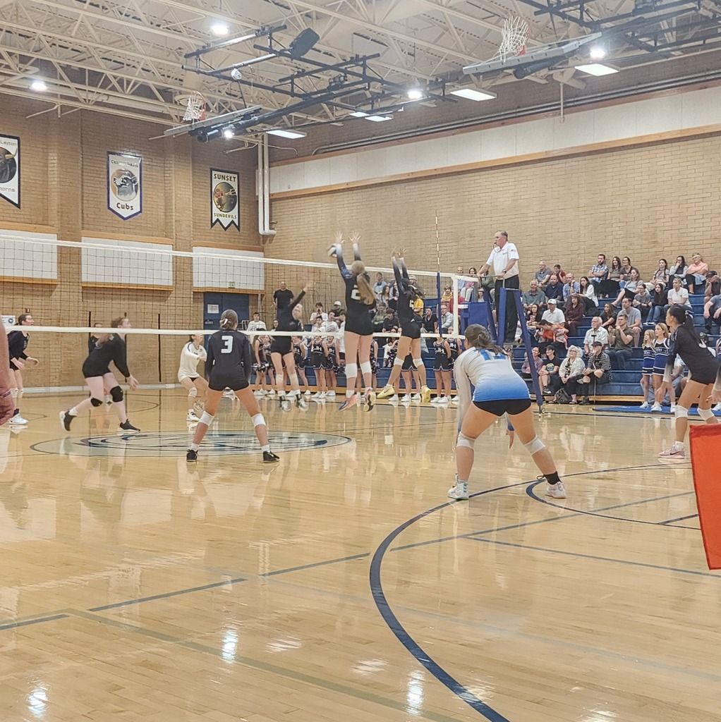 Centennial's hitter is attacking the ball, while two of Fairfield's players are jumping to give a Monster Block!  4 of Centennial's team, on the far side of the court are ready to play the ball, while 3 of Fairfield's players are ready for the ball to come to our side.  The ref is standing on the ref stand, and the bleachers are filled with crowd members seated, watching the game.