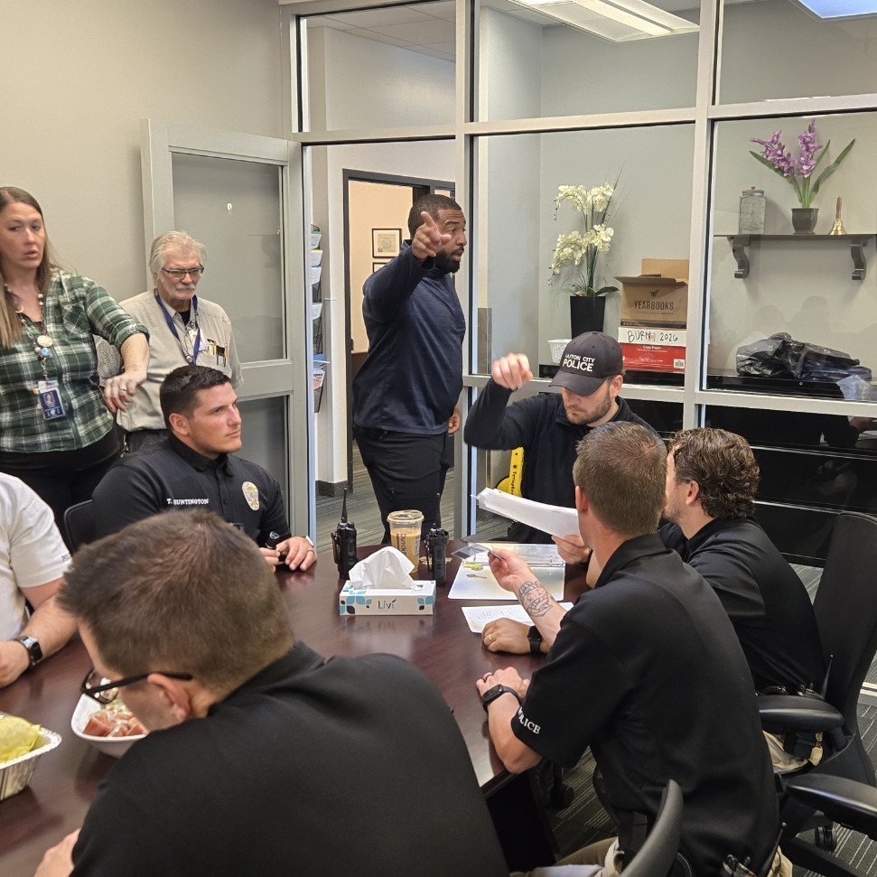 members of Layton PD and faculty prepping for the lockdown drill