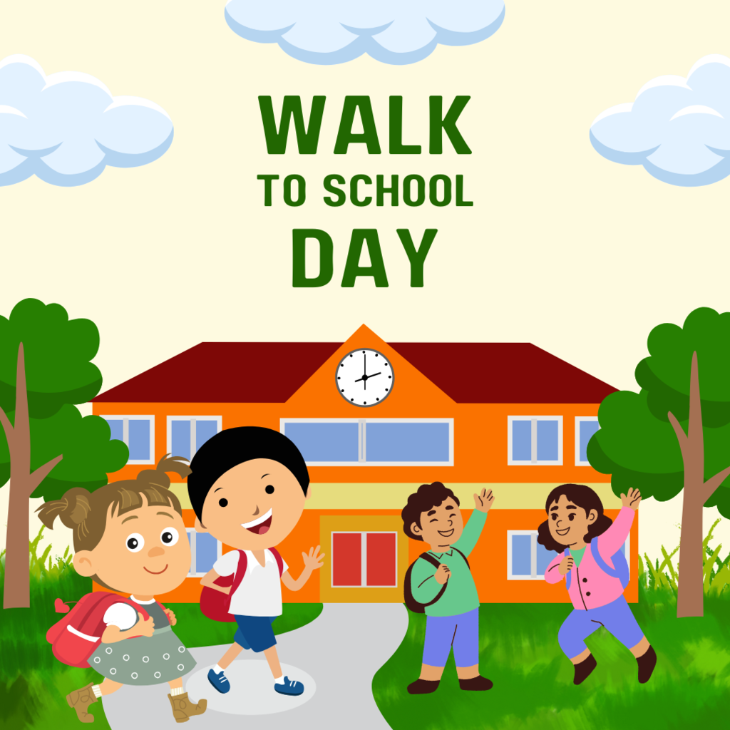 Text: Walk to school day Image: Cartoon image of students meeting in front of a school