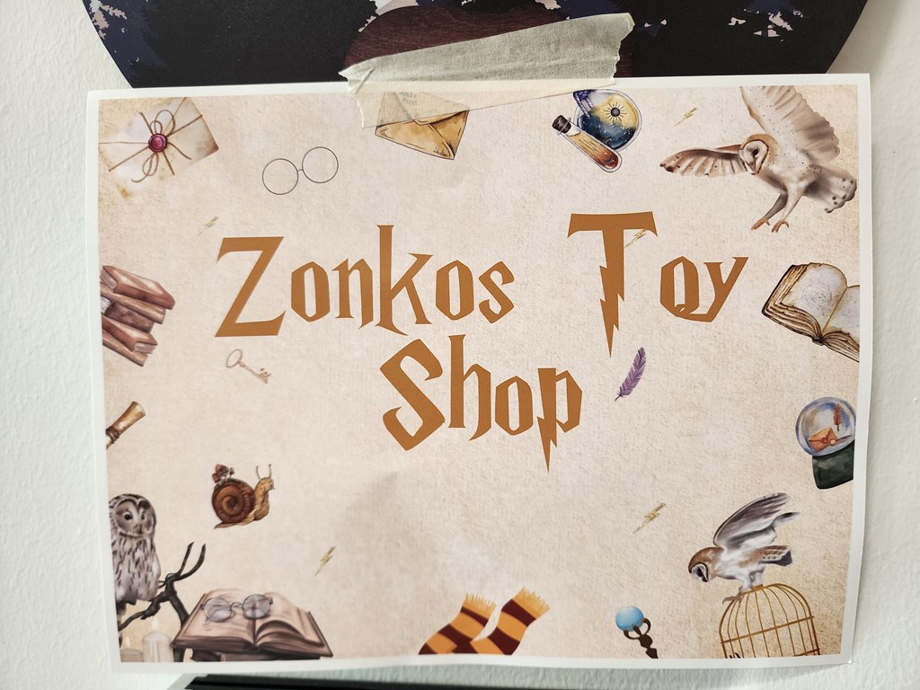 Zonkos Toy Shop sign.