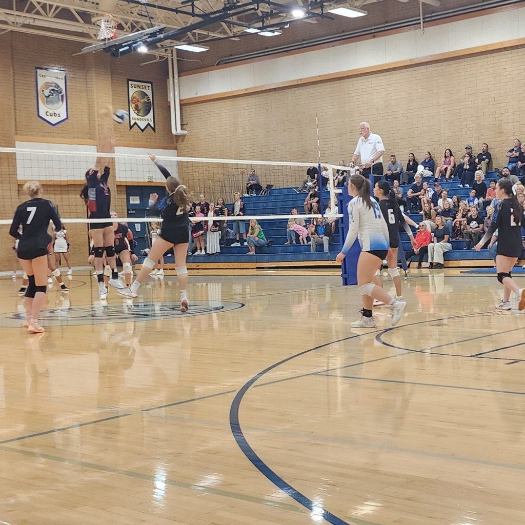 A Fairfield player is hitting the ball over a block from Legacy.  4 other Fairfield players are moving towards the net.  The crowd is seated in the bleachers in the background.