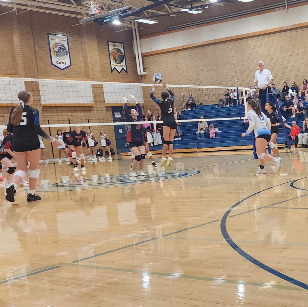 A Fairfield player is jumping to set a ball over the net.  There are three Fairfield players moving to cover behind her.  On the other side of the net, a Legacy player is preparing to jump to block, with her hands up, and three other players watching, ready to play the ball.  In the background are crowd members watching from the bleachers..