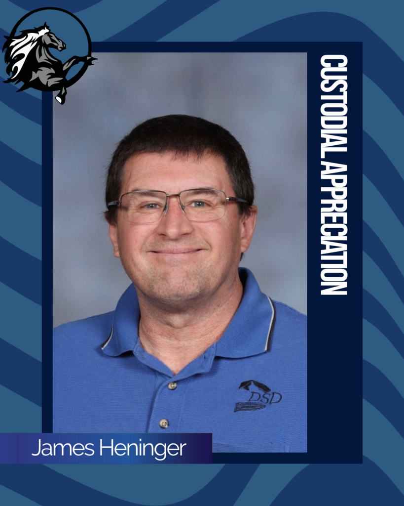 Framed picture of James Heninger. Text, "Custodial Appreciation - James Heninger" Taylor Elementary School logo.