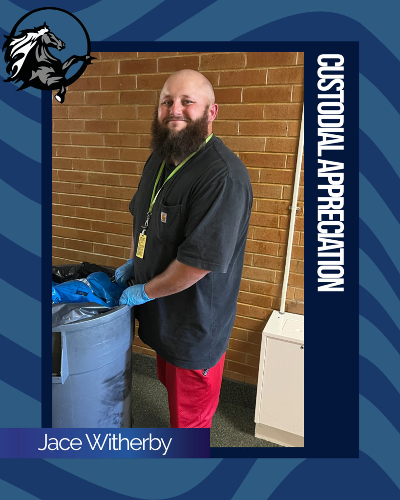 Framed picture of Jace Witherby. Text, "Custodial Appreciation - Jace Witherby" Taylor Elementary School logo.