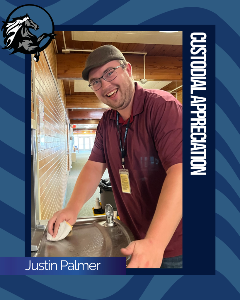 Framed picture of Justin Palmer Text, "Custodial Appreciation - Justin Palmer" Taylor Elementary School logo.