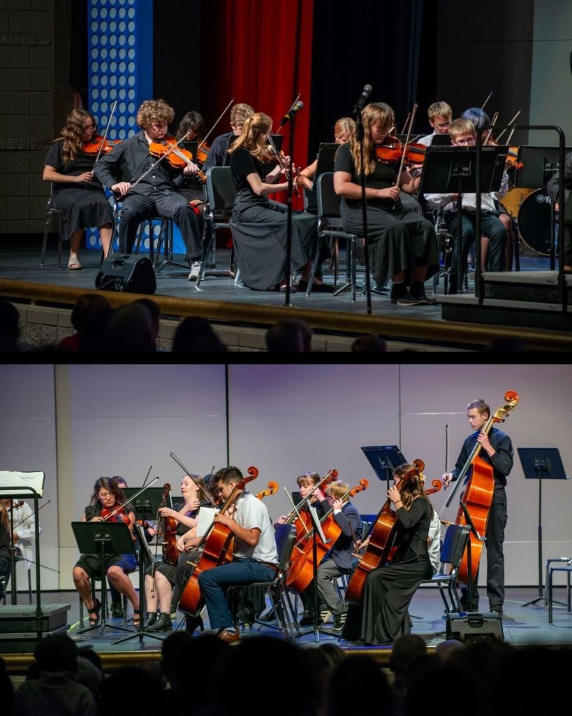 Two images of middle school Orchestra group performing on stage. 